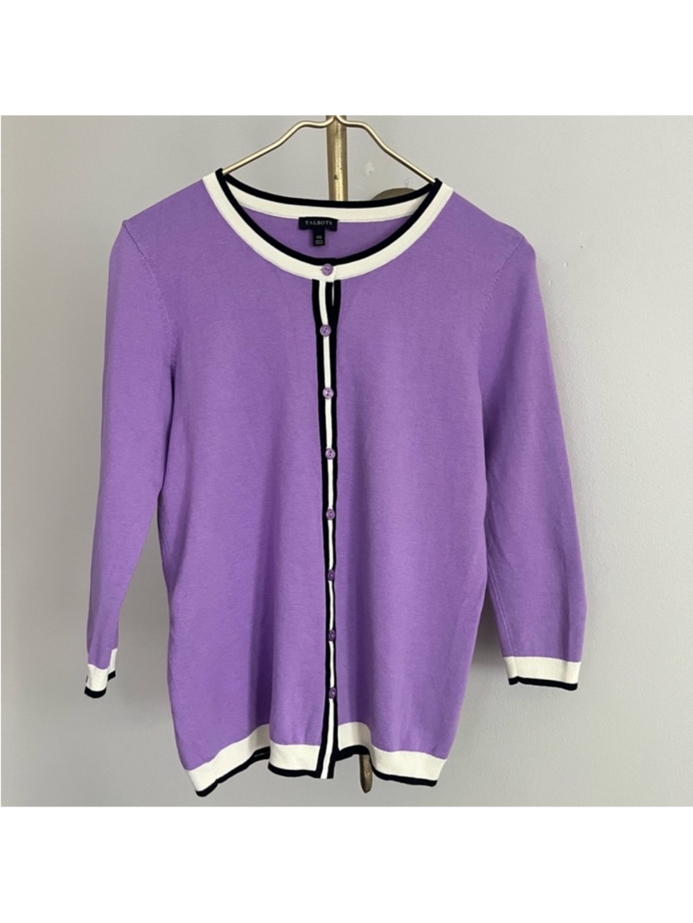 Talbots Lavender pastel feminine preppy casual cardigan Black and White Trim XS
